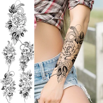 Črna Kača Peony Cvet Začasne Tetovaže Za Ženske Odraslih Dekle Rose Lobanje Kača Ponaredek Tatoo Body Art Nepremočljiva Tatoos Papirja