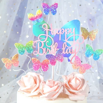 Sije Laser Metulj Torto Toppers Happy Birthday Cake Toppers, Ročno Pobarvan Poroko, Rojstni Dan Torta Decor Stranka Peko