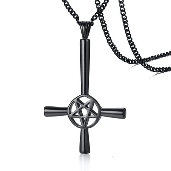 Obrnjen Križ, Pentagram Ogrlica Mens Satanic Simbol Obesek Iz Plemenitega Jekla, Z Glavo Navzdol, Satan, Lucifer Nakit