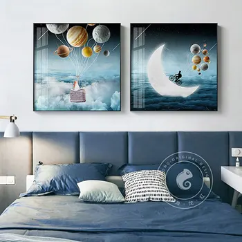 Moderne Risanke, Plakati, Tiskanje Luna Planet Potovanja Wall Art Barvanje Sten Modra Slike za dnevno Sobo Otroke, Soba za Nordijsko Dekor