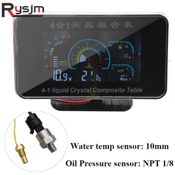 10 mm Vodo temp sensor+1/8 NPT Olje Tlačni senzor Digitalni LCD Avto Napetost+Tlak Olja+Voda Temperatura+Goriva v rezervoarju 12V / 24V