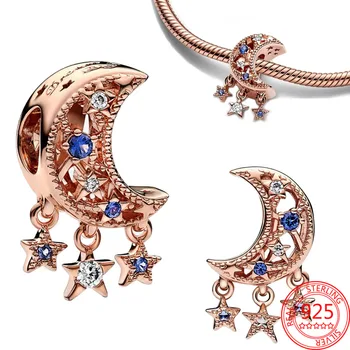 Nov Slog 925 Srebro Rose Gold Star & Crescent Moon Čar Fit Zapestnico Pandora Bleščeče Lepe Nakit, Darila za Ženske