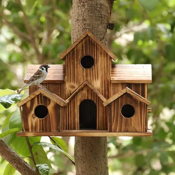 Ptica Hiši Zunaj,Lesene Ptičje hišice za Zunaj Visi,Ptičje hišice za zunanje Potrditve,6 Hole Ročno Bird House