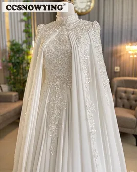 Šifon Appliques Poročne Obleke za Neveste z Cape Dolg Rokav Visoko Vratu Islamske Poročne Obleke arabski Dubaj Haljo De Mariée