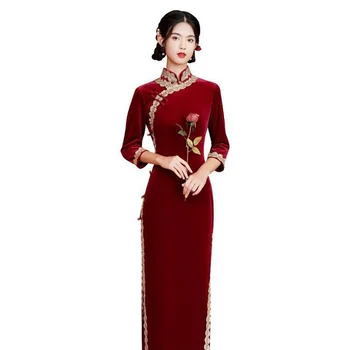 2022 Retro Rdeča Obleka Kitajske Tradicionalne Večerne Obleke Seksi Nacionalni Cheongsam Hanfu Ženske Tradicionalno Kitajsko Brezplačna Dostava
