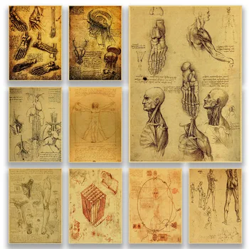 Leonardo Da Vinci Rokopis Vitruvian Man Retro Kraft papir, Kraft Papir za Plakat Nostalgično Nalepke za notranje Stenske Dekorativne Natisnjeni Slikarstvo