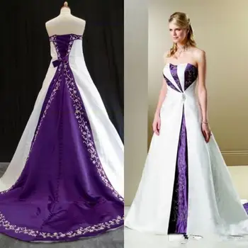 Bela in vijolična Vezenje Poroke vintage Obleke brez naramnic madeže čipke-up korzet gothic Državi Kmečko Poročne Halje plus velikost