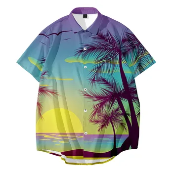 2021 Poletje Kratka Sleeved Majica Plus Velikost Hawaiian Kokosovo Sunset Print Majica za Moške Top Majica Priložnostne Plaži Srajce Oversize Vrhovi