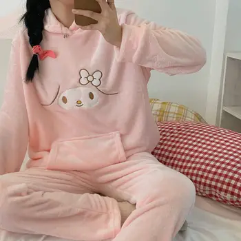 kawaii Sanrio Moja Melodija Kuromi Cinnamoroll pižamo dekle vezene coral runo pižamo zgosti dolgo sleeved homewear set