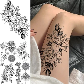 Realno Peony Cvet Seksi Začasne Tetovaže Za Ženske Odraslih Stegno Obesek Rose Ponaredek Tatoo Body Art Nepremočljiva Tatoos