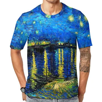 Van Gogh T Shirt Zvezdnato Noč Nad Rone zabavne Majice O Vratu Letnik Tee Shirt Prvotni Človek Grafika Plus Velikost Oblačila 6XL