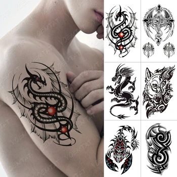 Nepremočljiva Začasni Tattoo Nalepke Zmaj Volk Scorpion Flash Tatto Moških Črni Plamen Totem Body Art Prenos Ponaredek Tetovaže Ženske