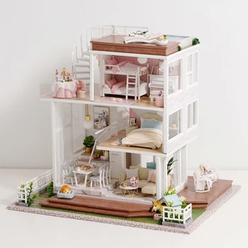 DIY Lesene Vile Lutka Hiša Kit Miniaturni S Pohištvom Svetlobo Tako Dobro Casa Lutke Igrače Roombox Za Odrasle Božična Darila