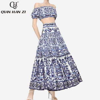 QHZ modni oblikovalec bombaža ženske poletje 2 kos set retro Seksi kratke vrhovi Modre in Bele Porcelanaste Tiskanja dolgo Krilo Obleko Set
