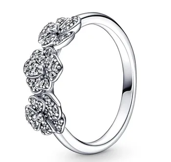 Verodostojno 925 Sterling Srebro Peneče Trojno Pansy Cvet Z Crystal Ring Za Ženske Svate Evropi Modni Nakit