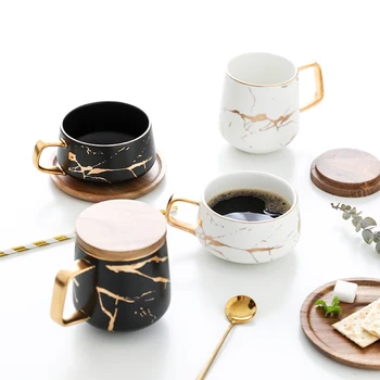 300 ml Luxury mat keramike, marmorja, čaj, kava, Skodelice in z lesenimi Krožniki črno in belo zlato podolgovat keramične skodelice