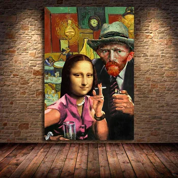 Smešno Wall Art Mona Lisa in Van Gogh Kajenje Platno, Slike, Plakate in grafike Da Vinci Znanih Tiskanja za Dnevna Soba brez okvirja