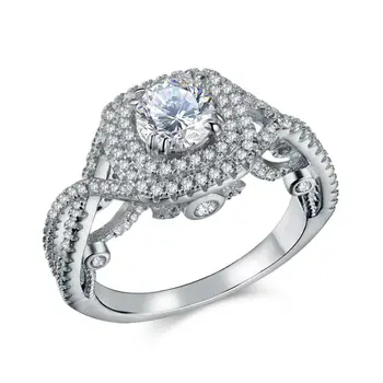 Trdna 925 Sterling Srebro Halo Poroko Udejstvovanje Obroči Za Ženske Klasičnih 2 Ct Krog Diamantni prstan prst Nakit
