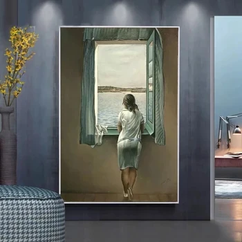 Ženska Na Okno Platno Slikarstvo Salvador Dali Poster in Tiskanje Wall Art Slik, Dnevna Soba Dekoracijo Sten Cuadros