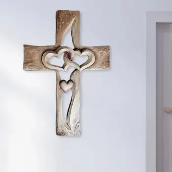 Vklesan Križ Starinsko Lepe Prepletajo Srca Steni Visi Strani Vklesan Križ za Darila Letnik Lesa Steni Križ